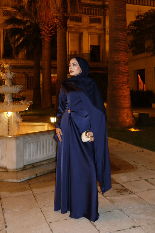 Brooch Detailed Silky Satin Navy Blue Evening Dress
