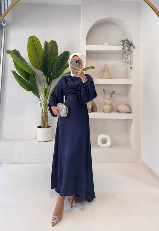 Silky Satin Cowl Neck Navy Blue Maxi Evening Dress