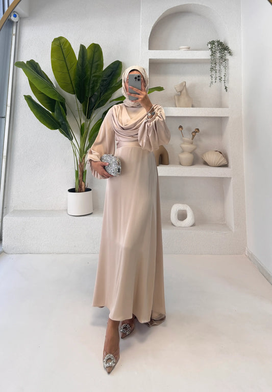 Silky Satin Cowl Neck Mink Maxi Evening Dress