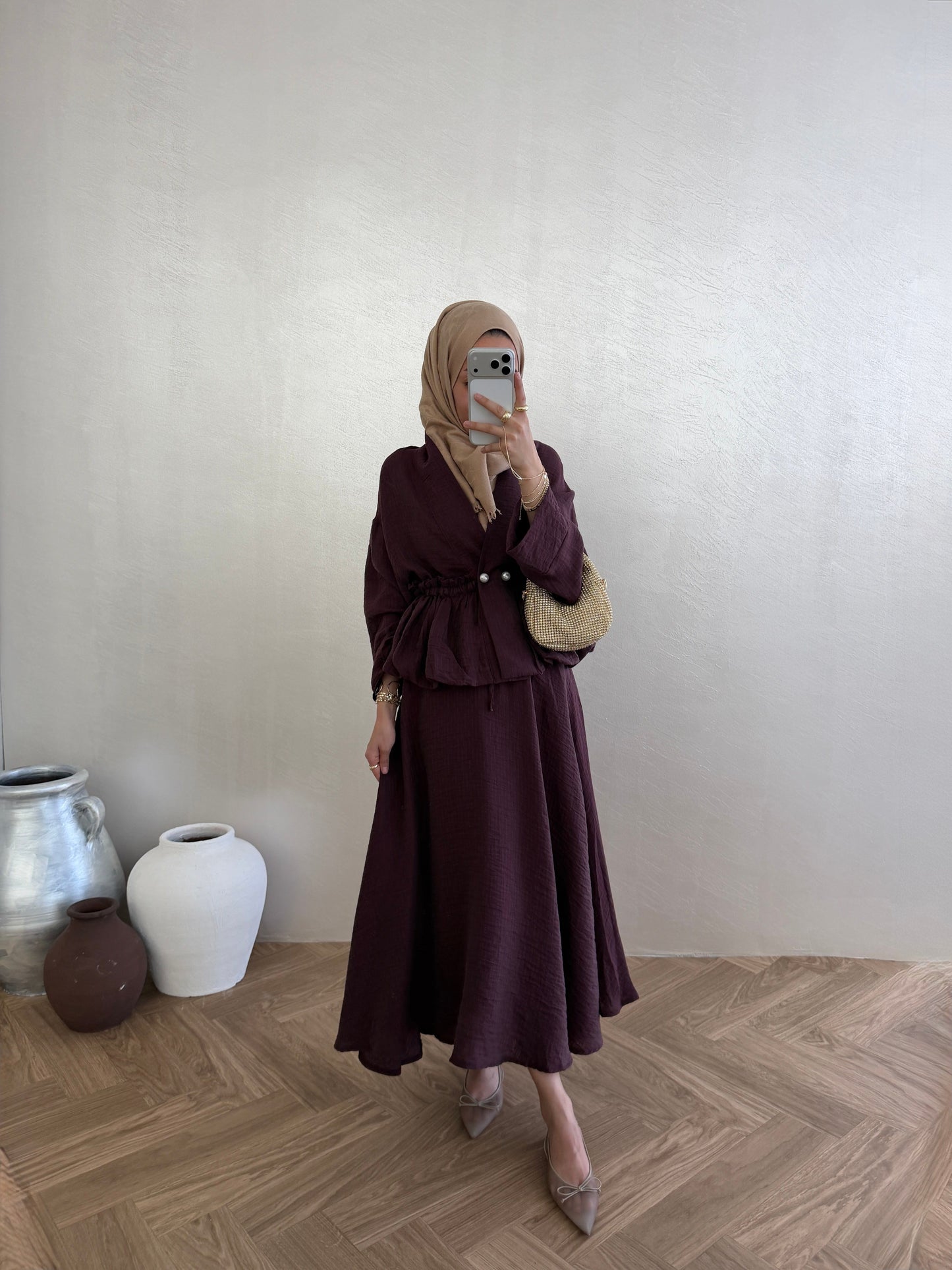 Burgundy Pearl-Button Vual Co-ord Set — Modest Blouse & Maxi Skirt
