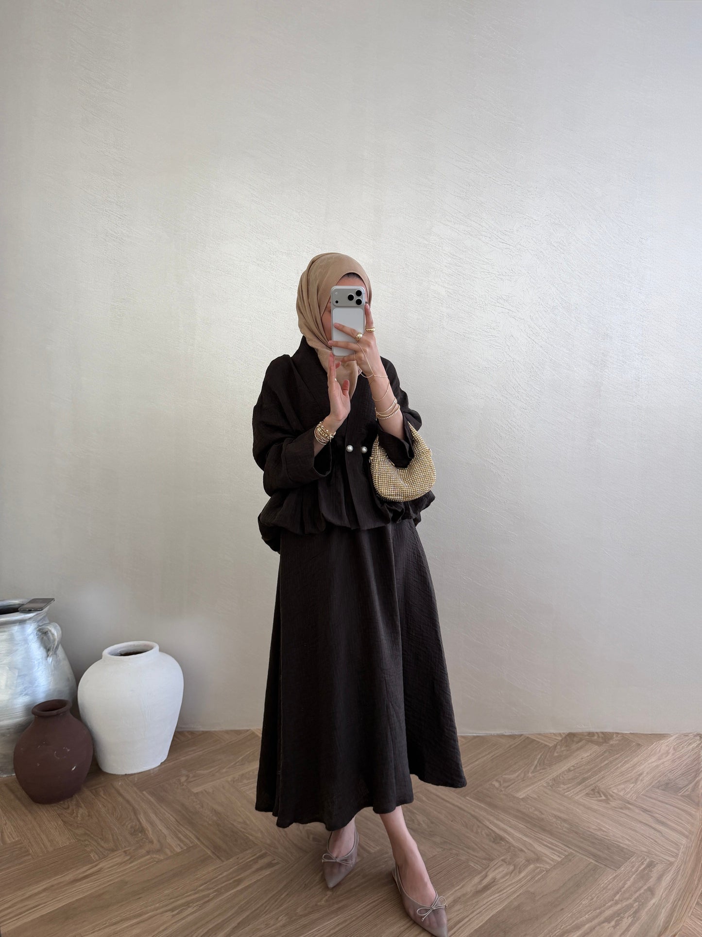 Brown Pearl-Button Vual Co-ord Set — Modest Blouse & Maxi Skirt