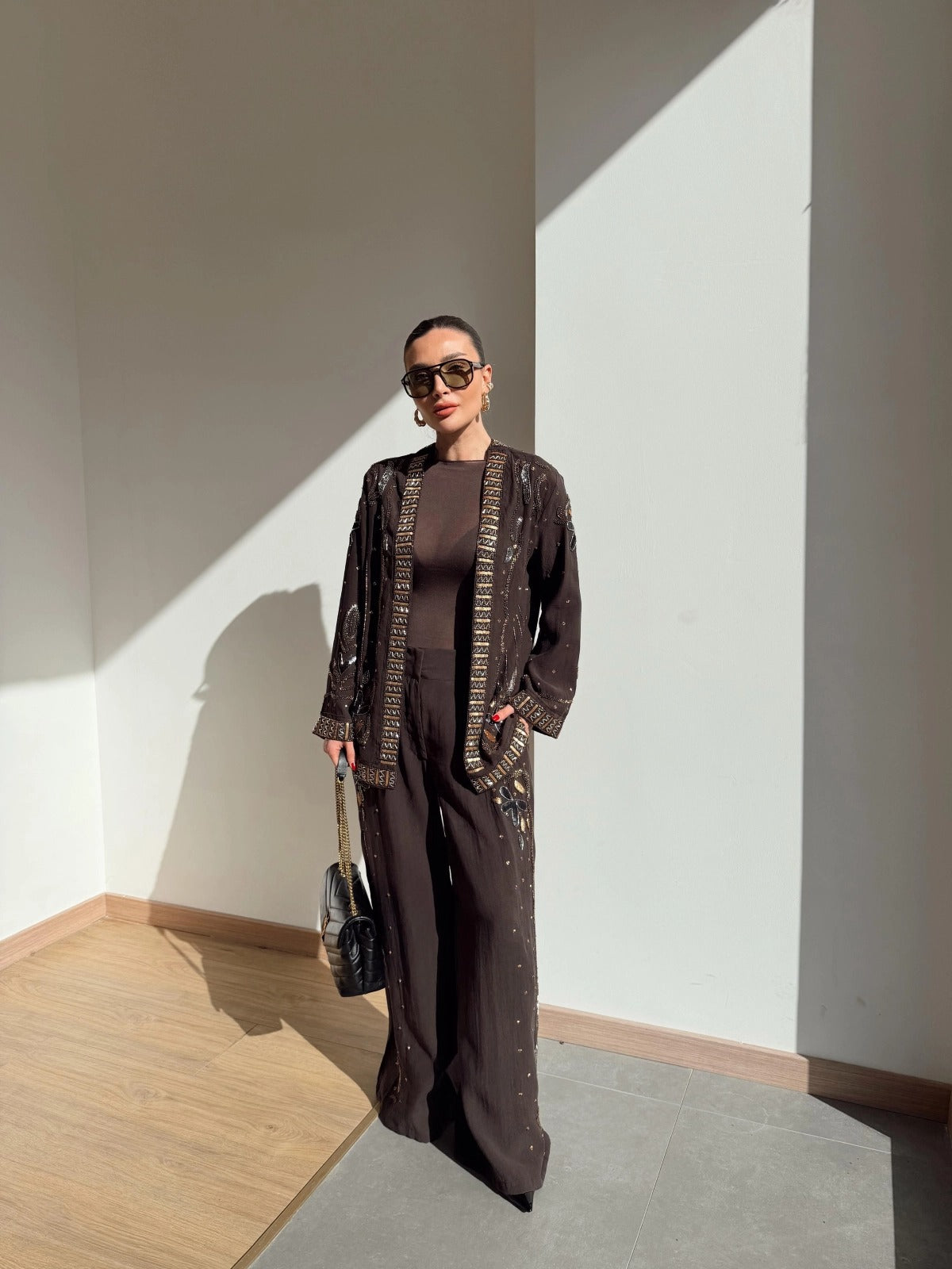 Limited Collection Embroidered Kimono & Pants Two-Piece Set – Brown