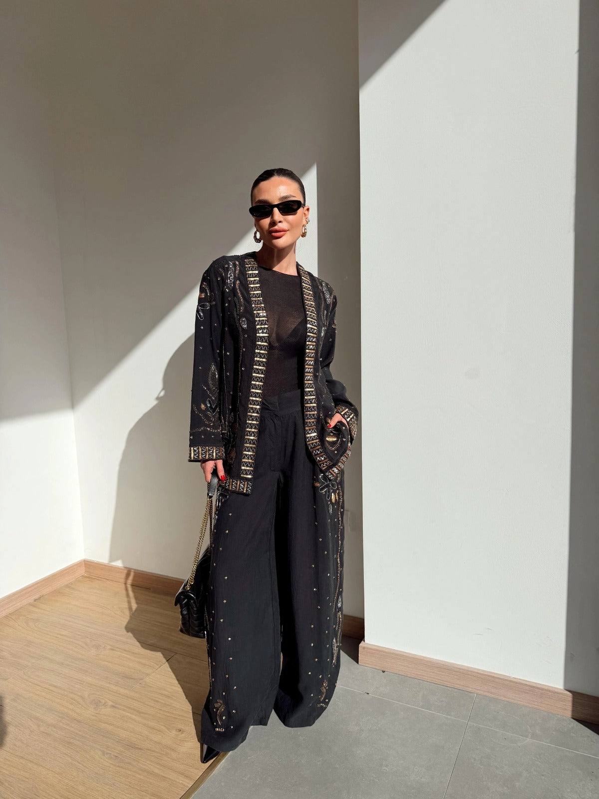 Limited Collection Embroidered Kimono & Pants Two-Piece Set – Black