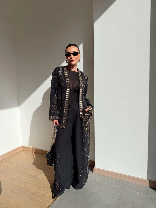 Limited Collection Embroidered Kimono & Pants Two-Piece Set – Black