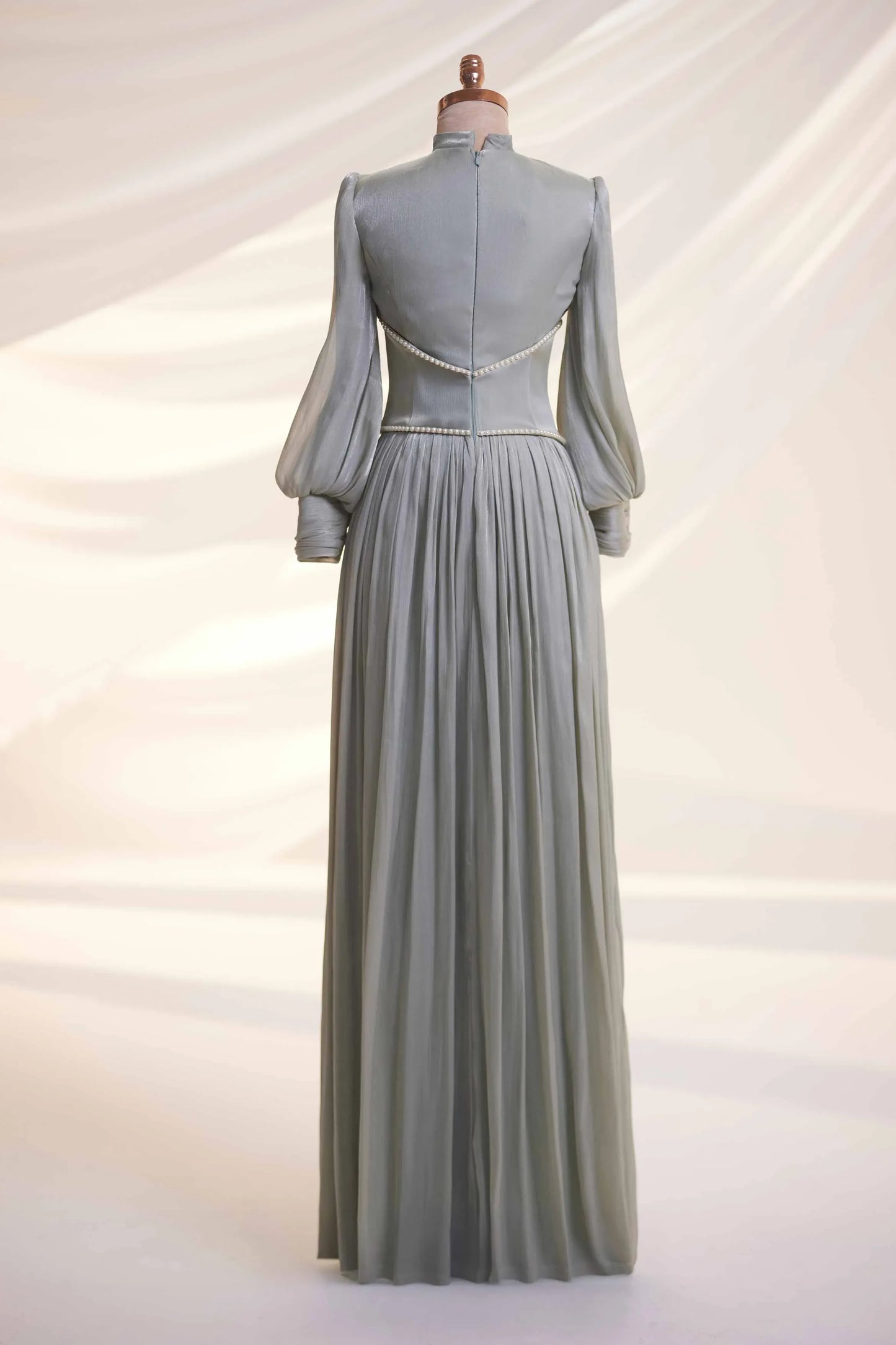 Gray Organza Pearl Detail Modest Evening Dress