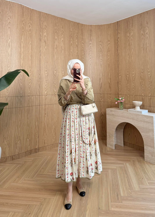 Lily Co-ord Set — Beige Textured Blouse & Floral Pleated Midi Skirt