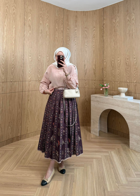 Lily Co-ord Set — Burgundy Textured Blouse & Floral Pleated Midi Skirt