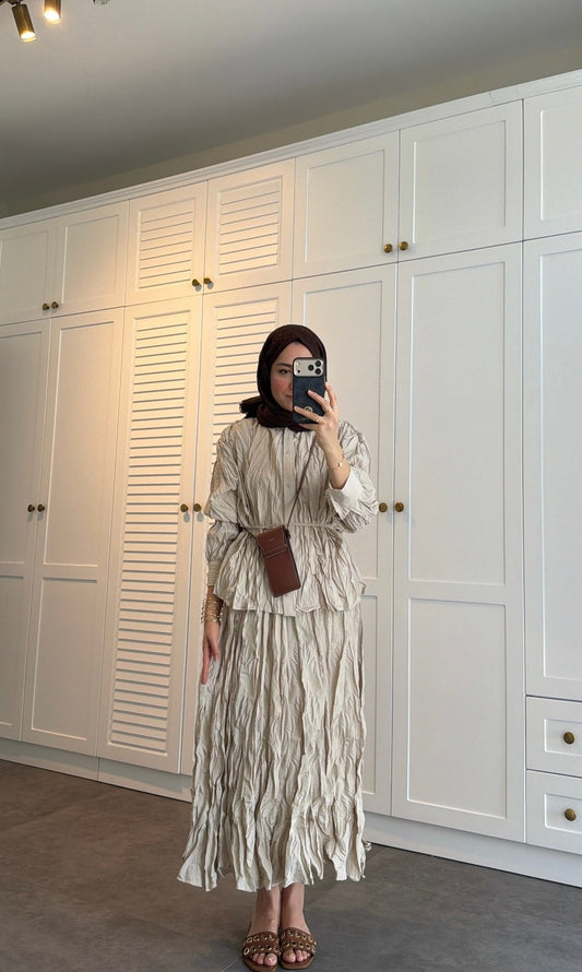 Beige Textured Crinkle-Effect Shirt & Maxi Skirt Co-ord Set