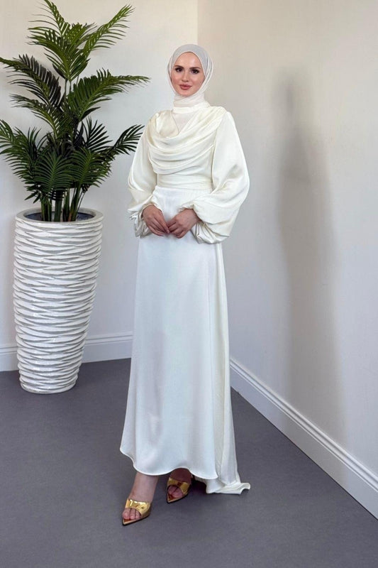Silky Satin Cowl Neck Ecru Maxi Evening Dress