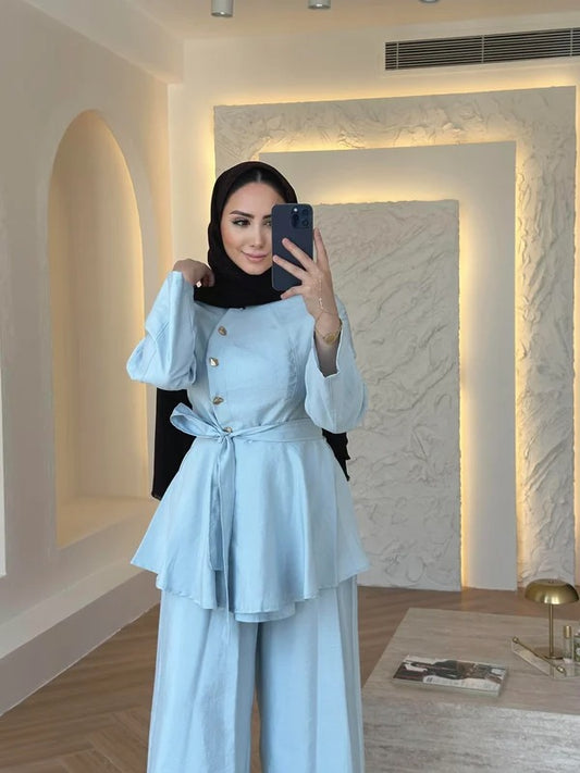 Baby Blue Cupro Two-Piece Set with Gold Button Detail