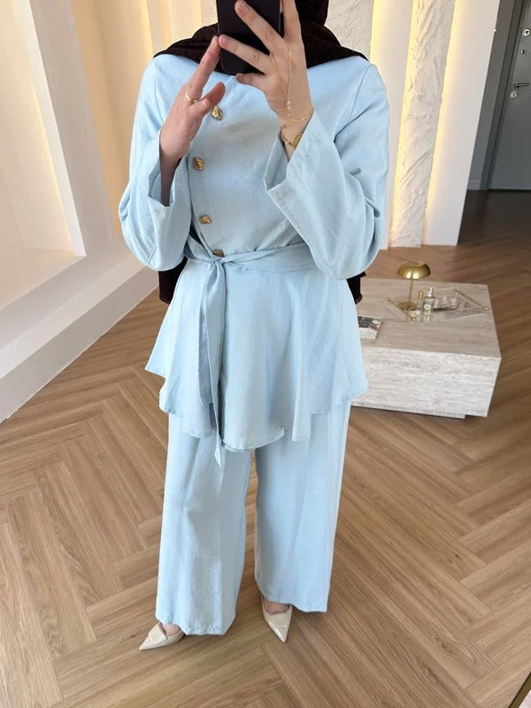 Baby Blue Cupro Two-Piece Set with Gold Button Detail