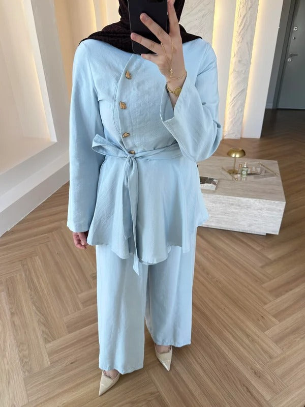 Baby Blue Cupro Two-Piece Set with Gold Button Detail