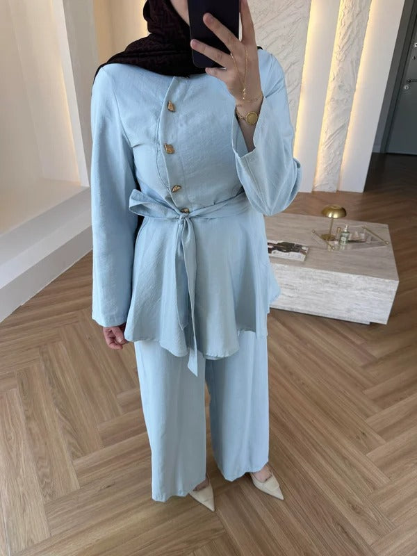 Baby Blue Cupro Two-Piece Set with Gold Button Detail