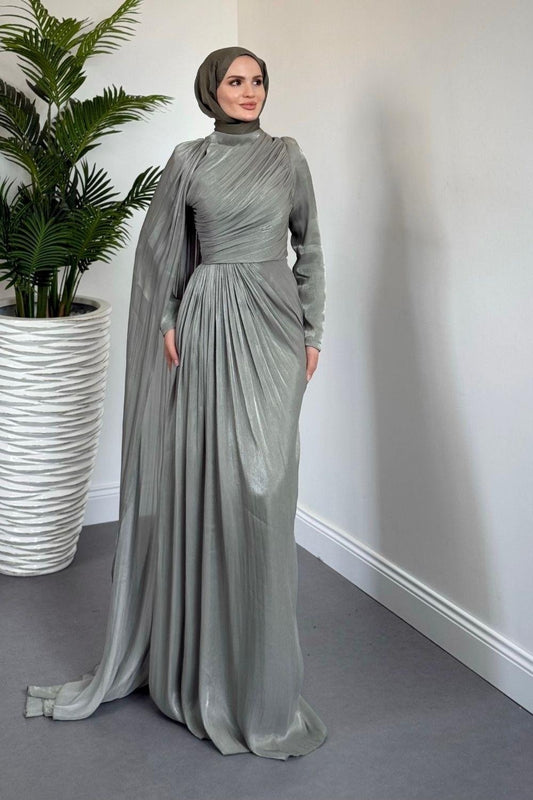 Sage Green One Shoulder Draped Evening Dress with Cape Detail