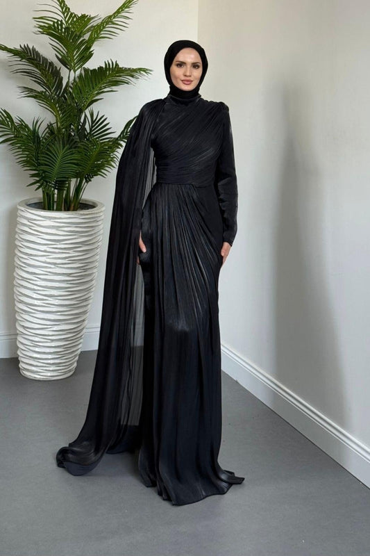 Black One Shoulder Draped Evening Dress with Cape Detail