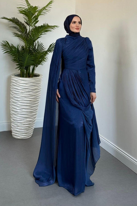 Navy Blue One Shoulder Draped Evening Dress with Cape Detail
