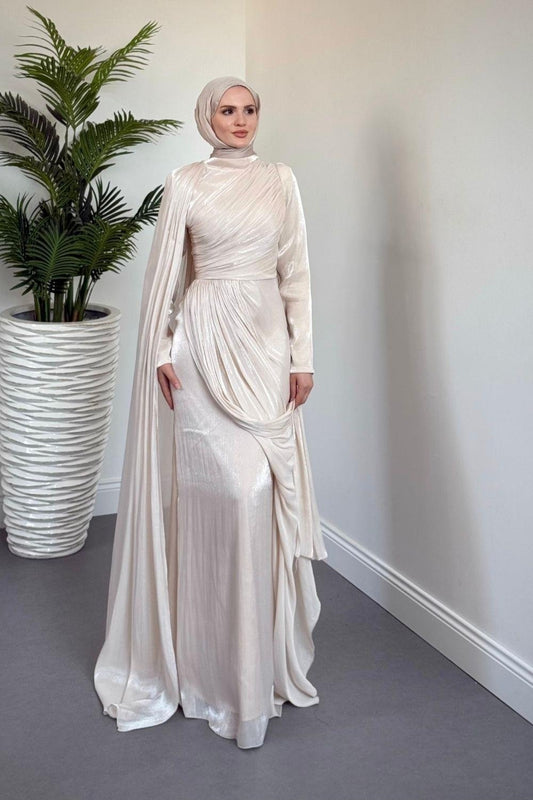 Cream One Shoulder Draped Evening Dress with Cape Detail