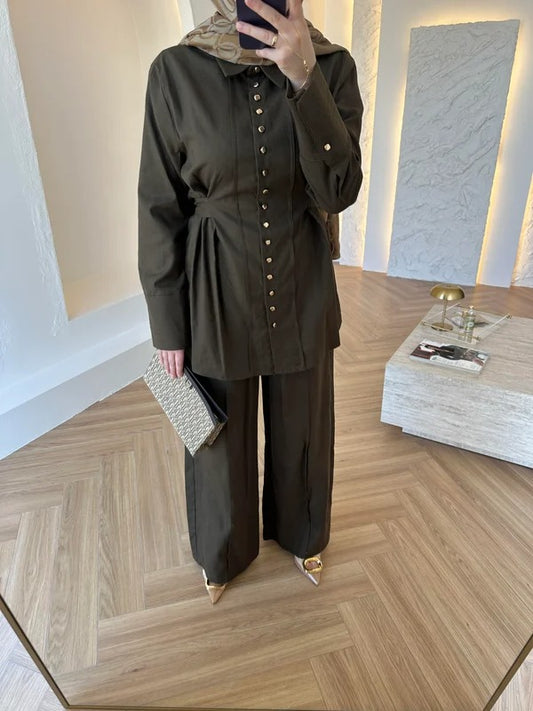 Premium Two-Piece Set with Gold Buttons - Brown