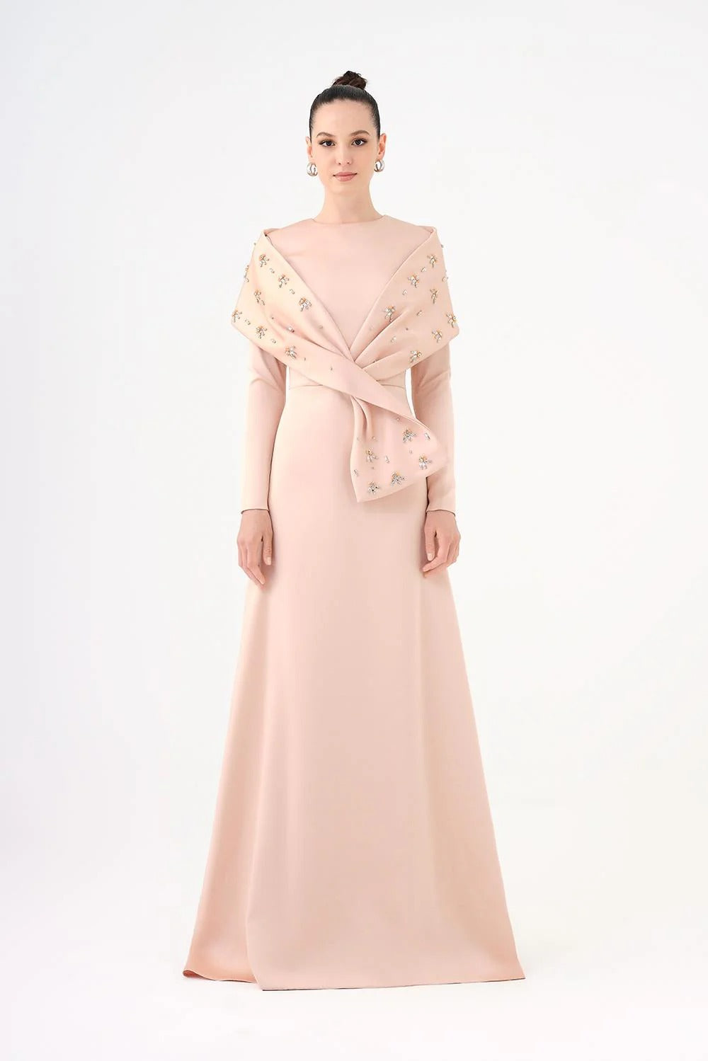 Embellished Satin Long Evening Dress with Shawl-Champagne