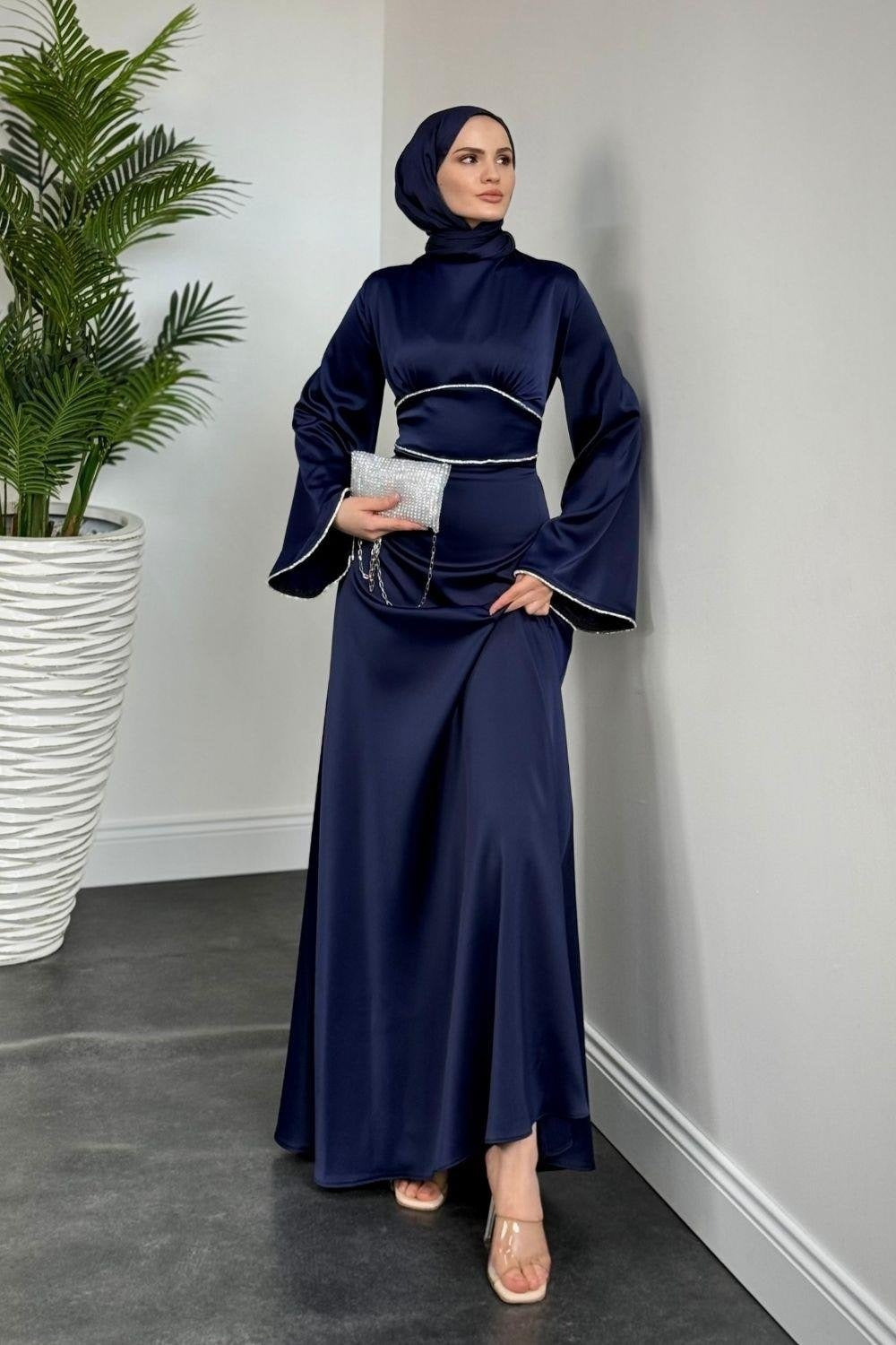 Elegant Navy Satin Modest Evening Dress with Baguette Stone Waist Detail