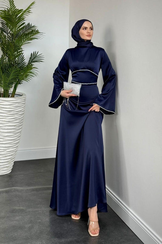 Elegant Navy Satin Modest Evening Dress with Baguette Stone Waist Detail