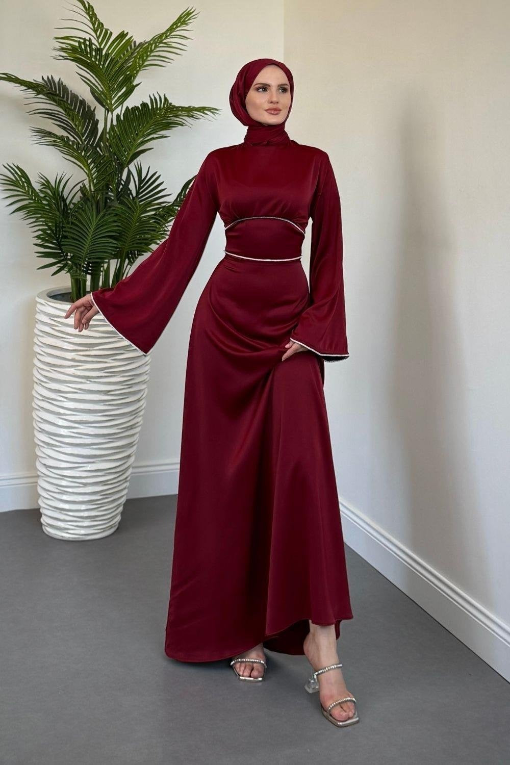 Elegant Burgundy Satin Modest Evening Dress with Baguette Stone Waist Detail
