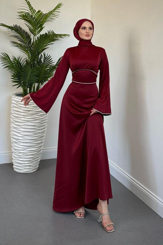 Elegant Burgundy Satin Modest Evening Dress with Baguette Stone Waist Detail