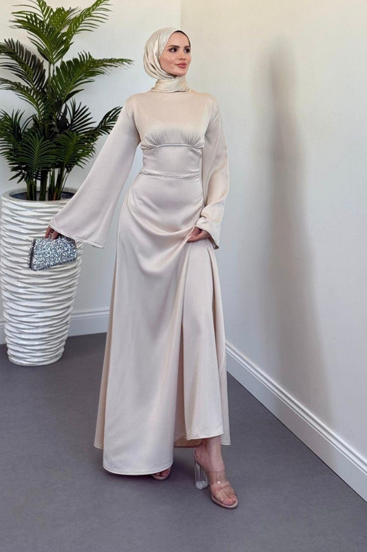 Elegant Cream Satin Modest Evening Dress with Baguette Stone Waist Detail