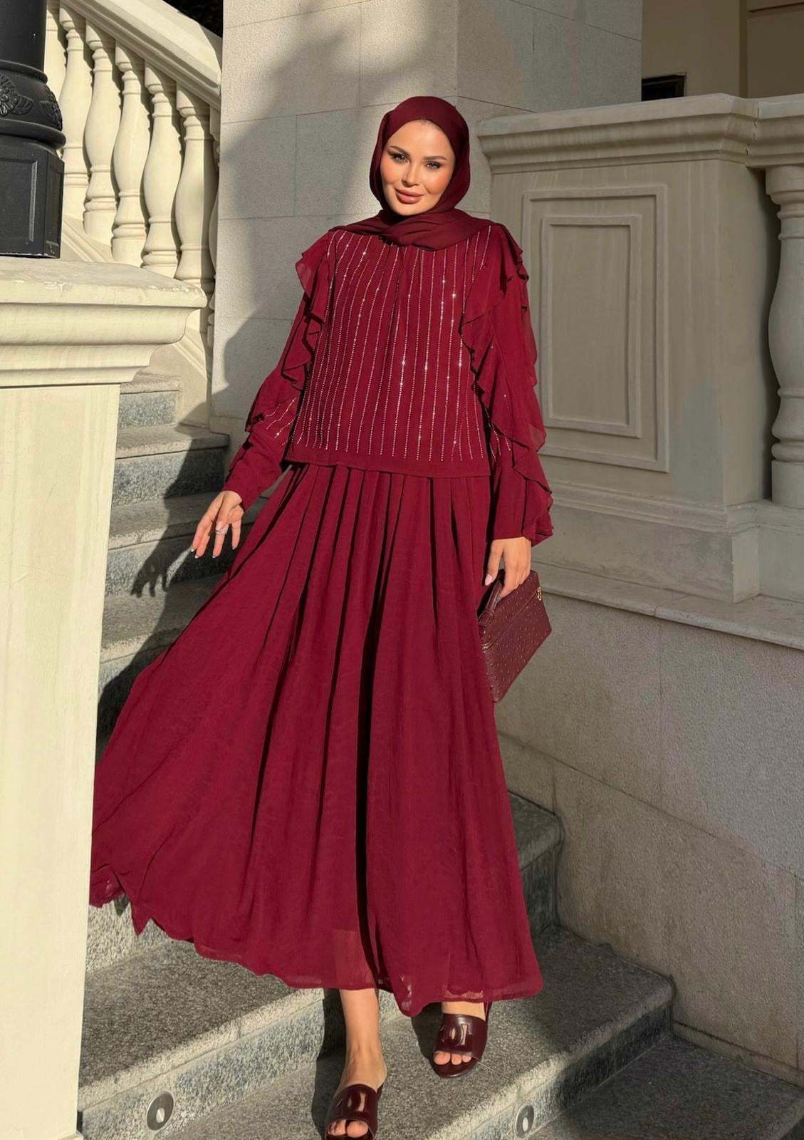 Mia Shimmer Skirt Set – Burgundy