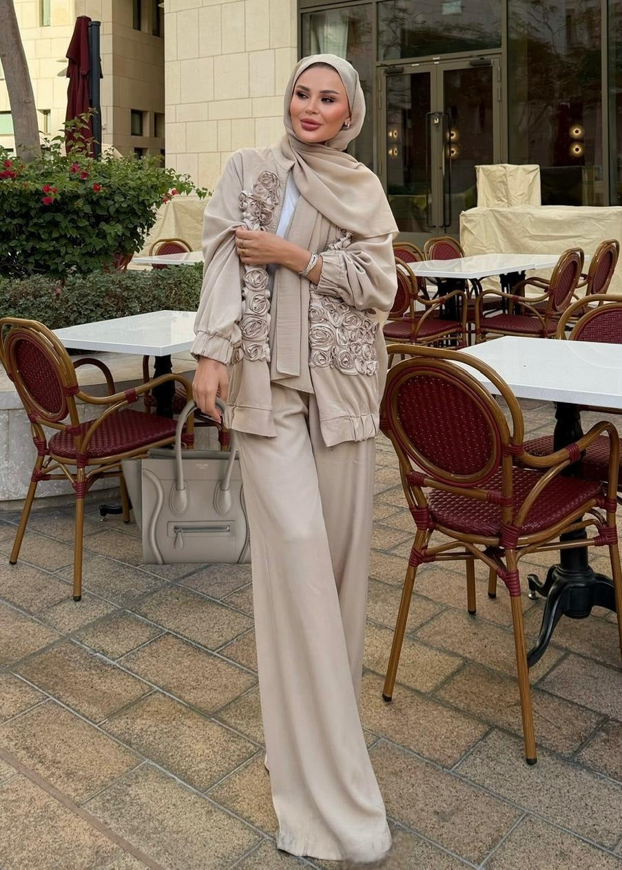 Rose Embellished Pants Set – Beige