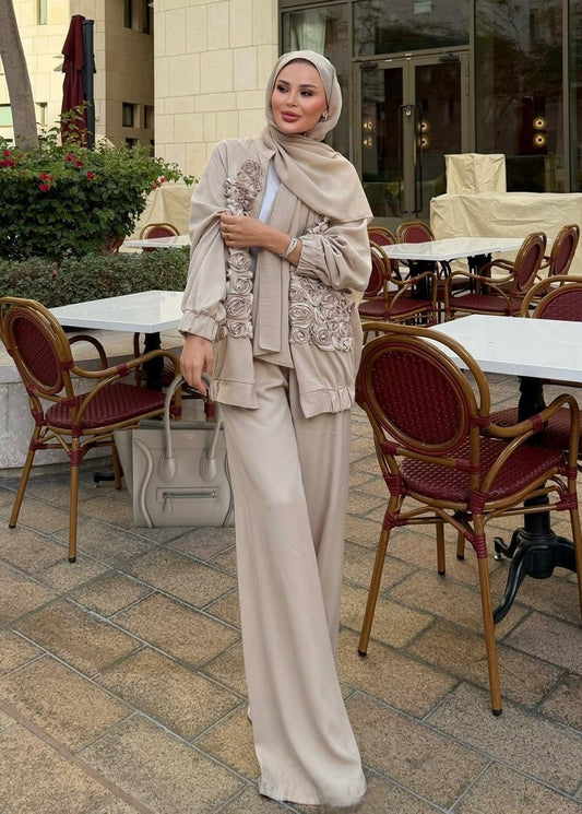 Rose Embellished Pants Set – Beige