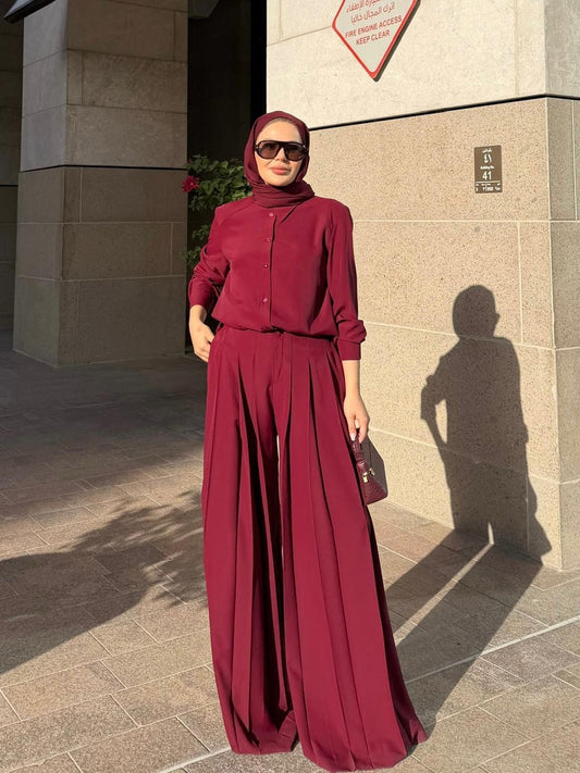 Daphne Pleated Pants Set – Burgundy