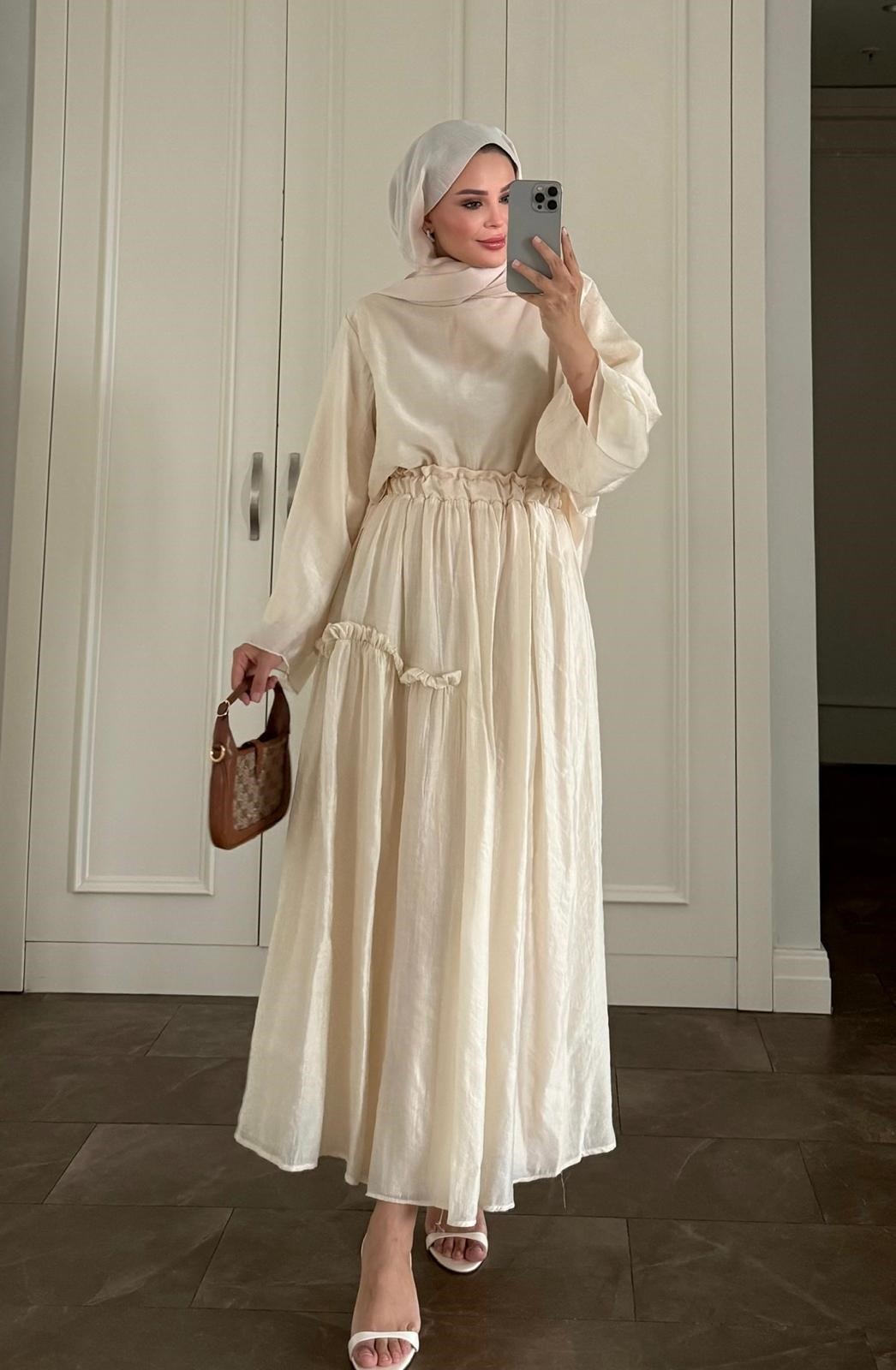 Beige Layered Maxi Skirt Set with Elastic Waist