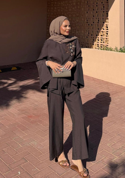Embroidered Pants Set – Dark Brown