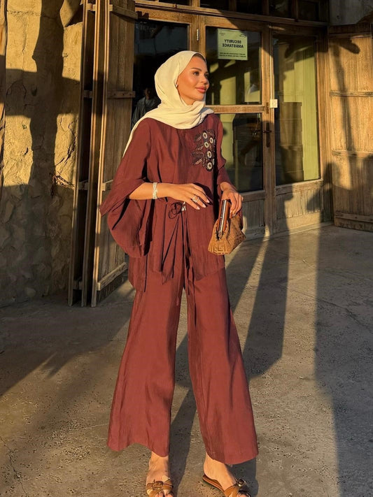 Embroidered Pants Set – Burgundy