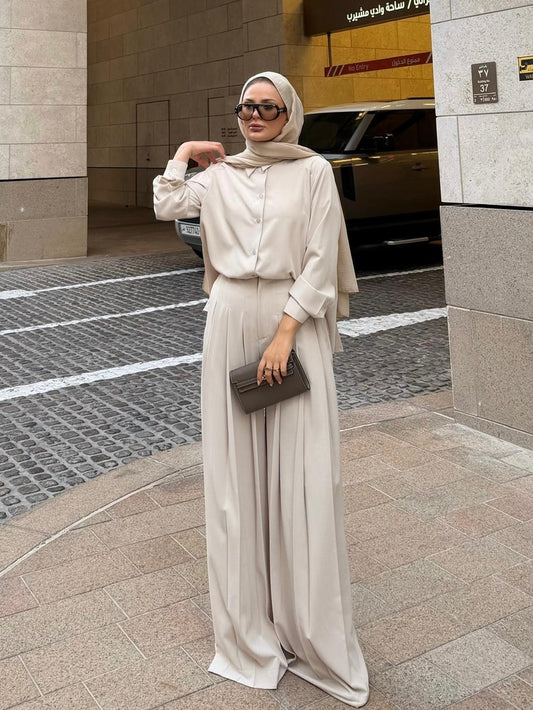 Daphne Pleated Pants Set – Beige