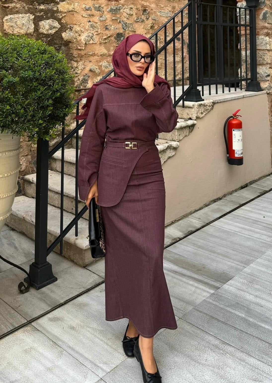 Belted Denim Dress – Burgundy