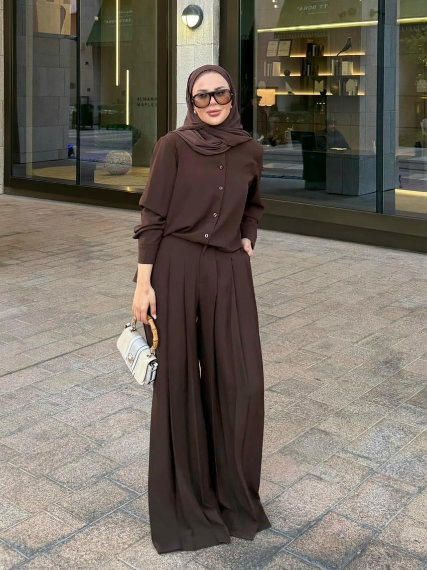 Daphne Pleated Pants Set – Brown