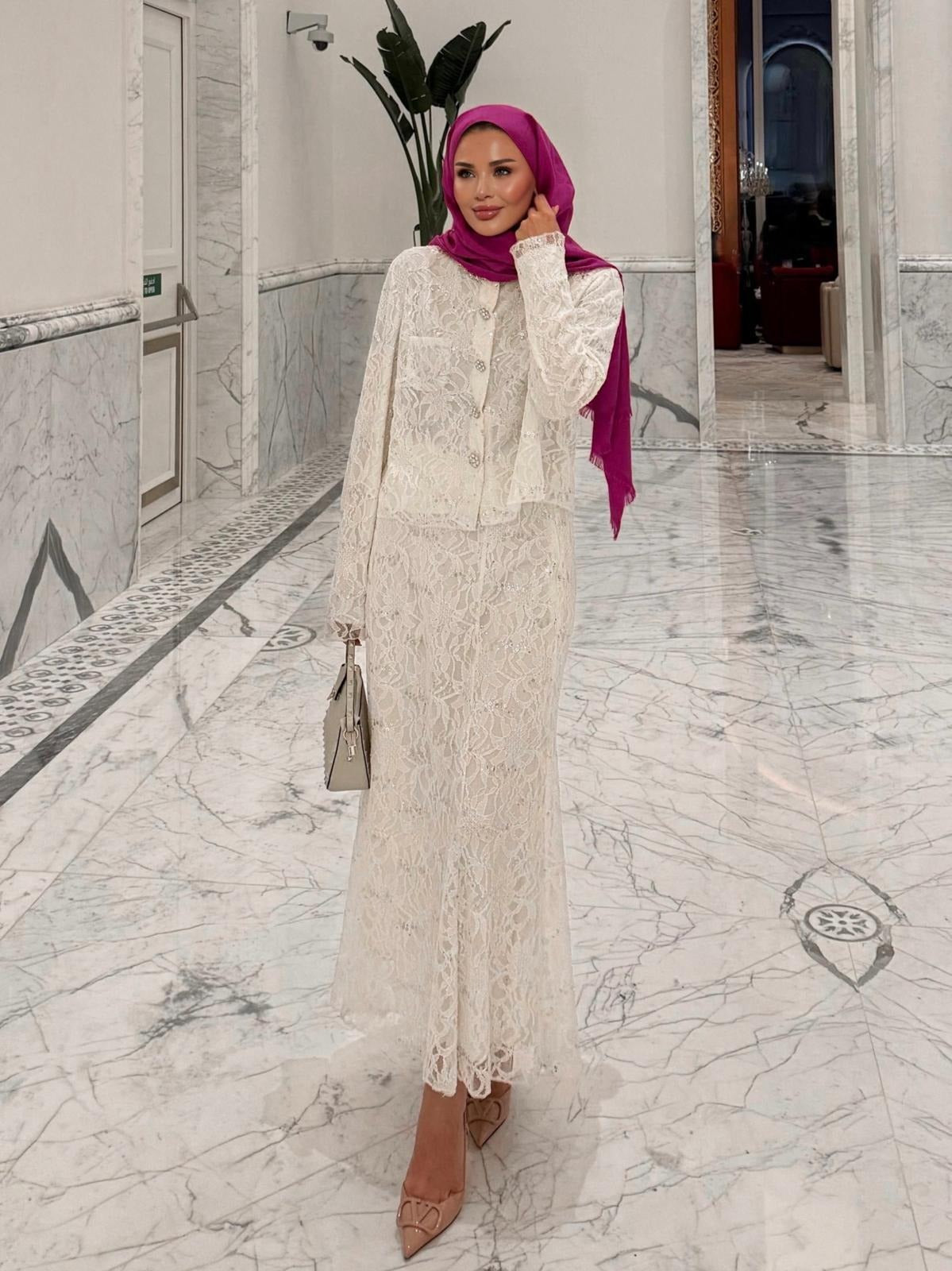 Lace Shimmer Skirt Set – Ecrou