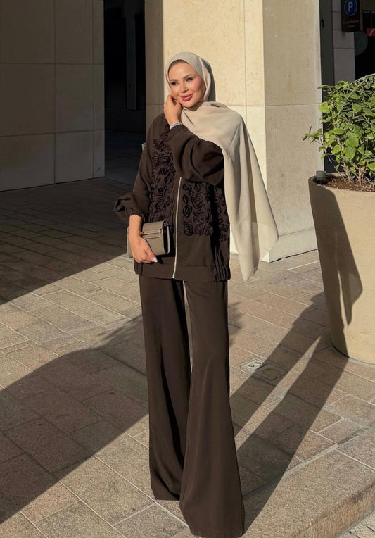 Rose Embellished Pants Set – Brown