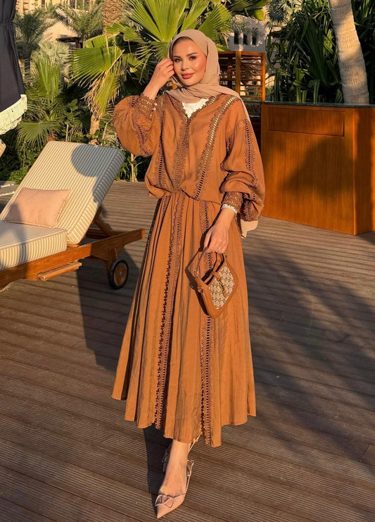 Lace Trim V-Neck Oversized Top & Flared Maxi Skirt Co-ord Set - Cinnamon