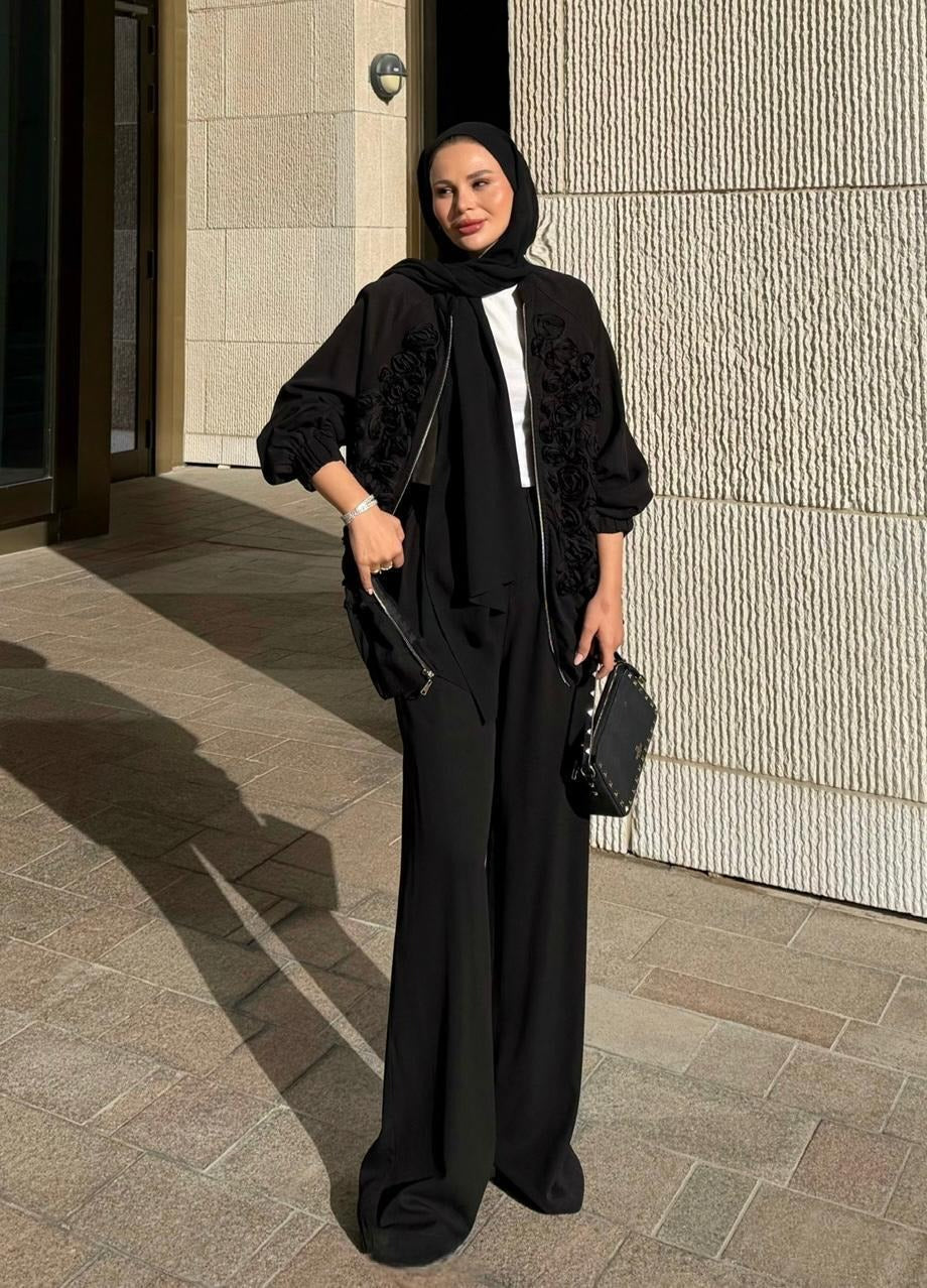 Rose Embellished Pants Set – Black