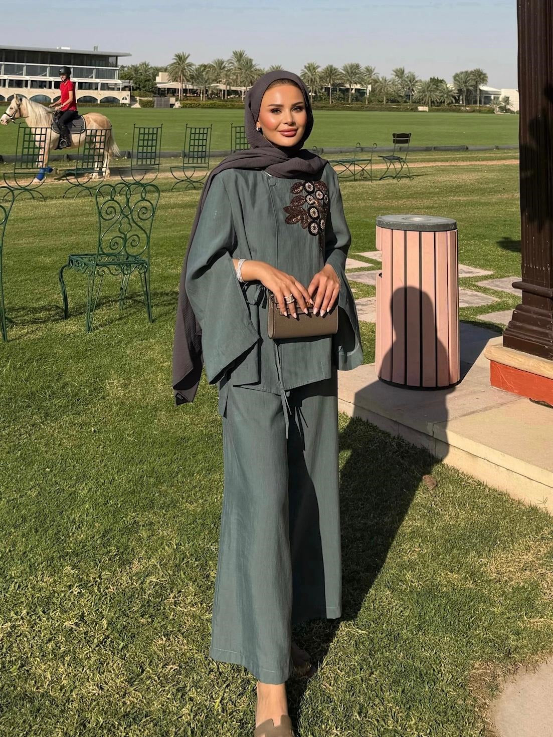 Embroidered Pants Set – Green