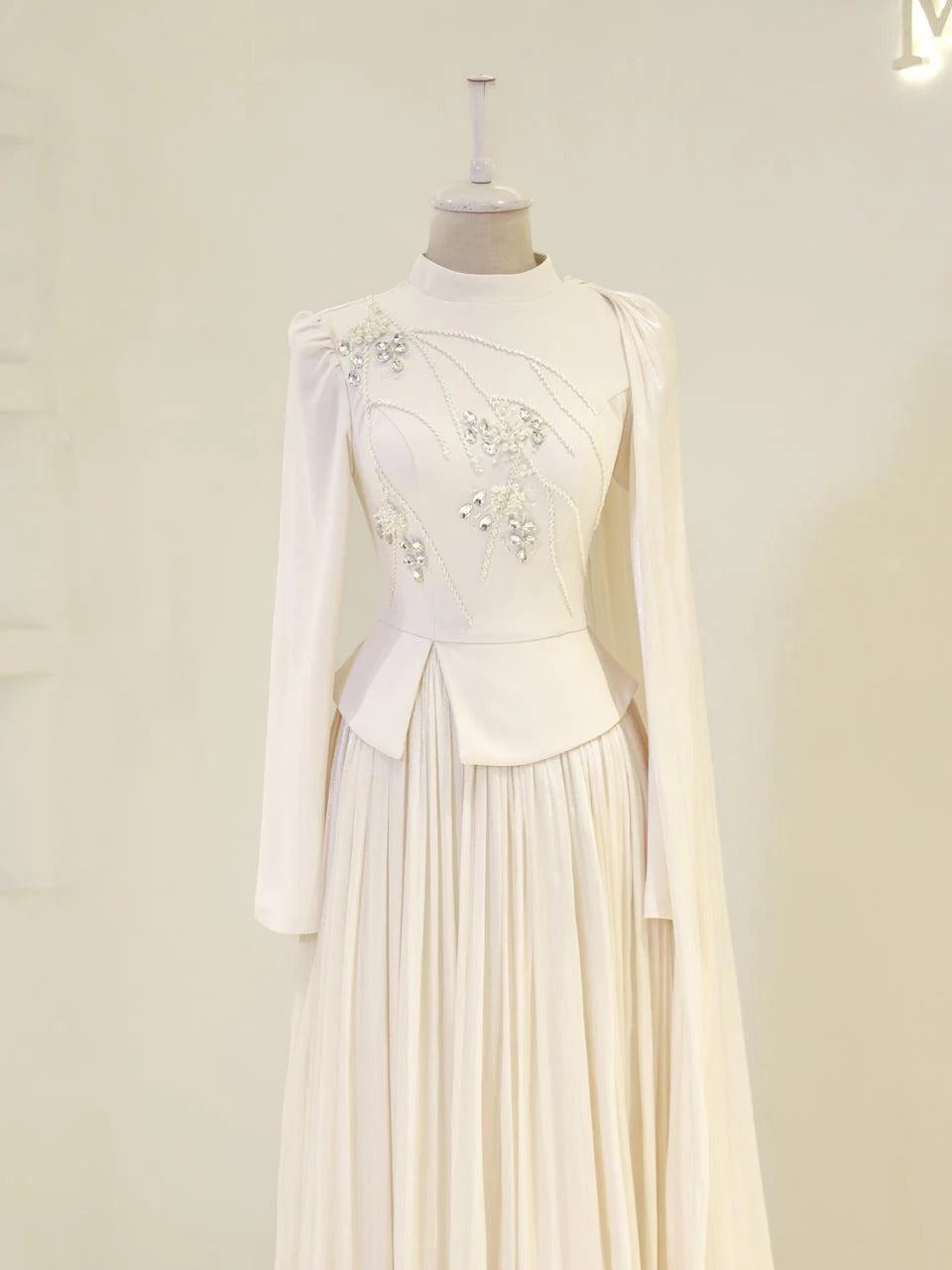 Beaded Embellished Maxi Evening Dress for Formal Events - Cream