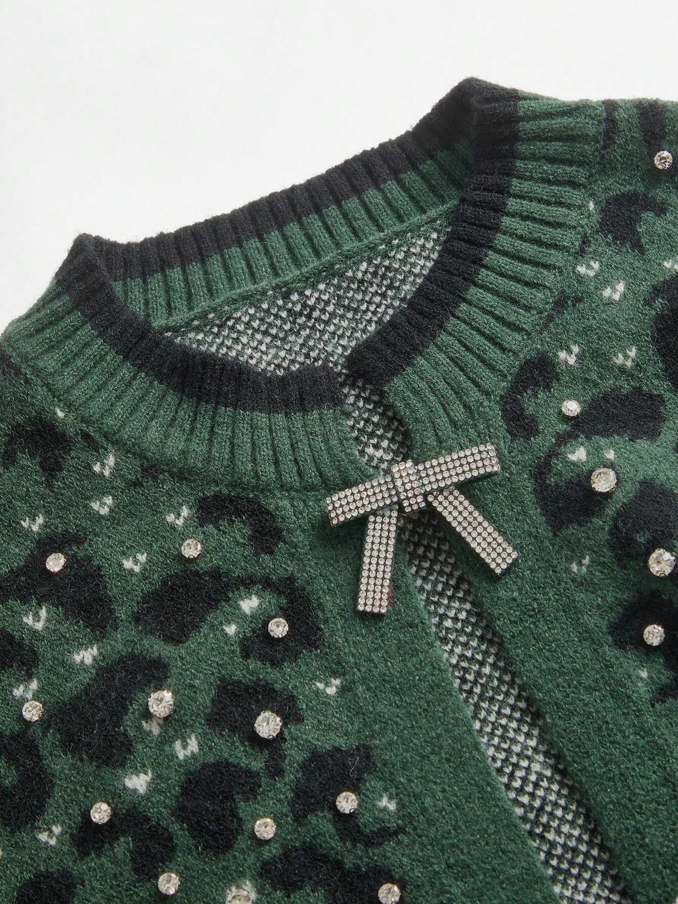 Vintage Leopard Print Knitted Cardigan With Bow Tie And Rhinestone Decor