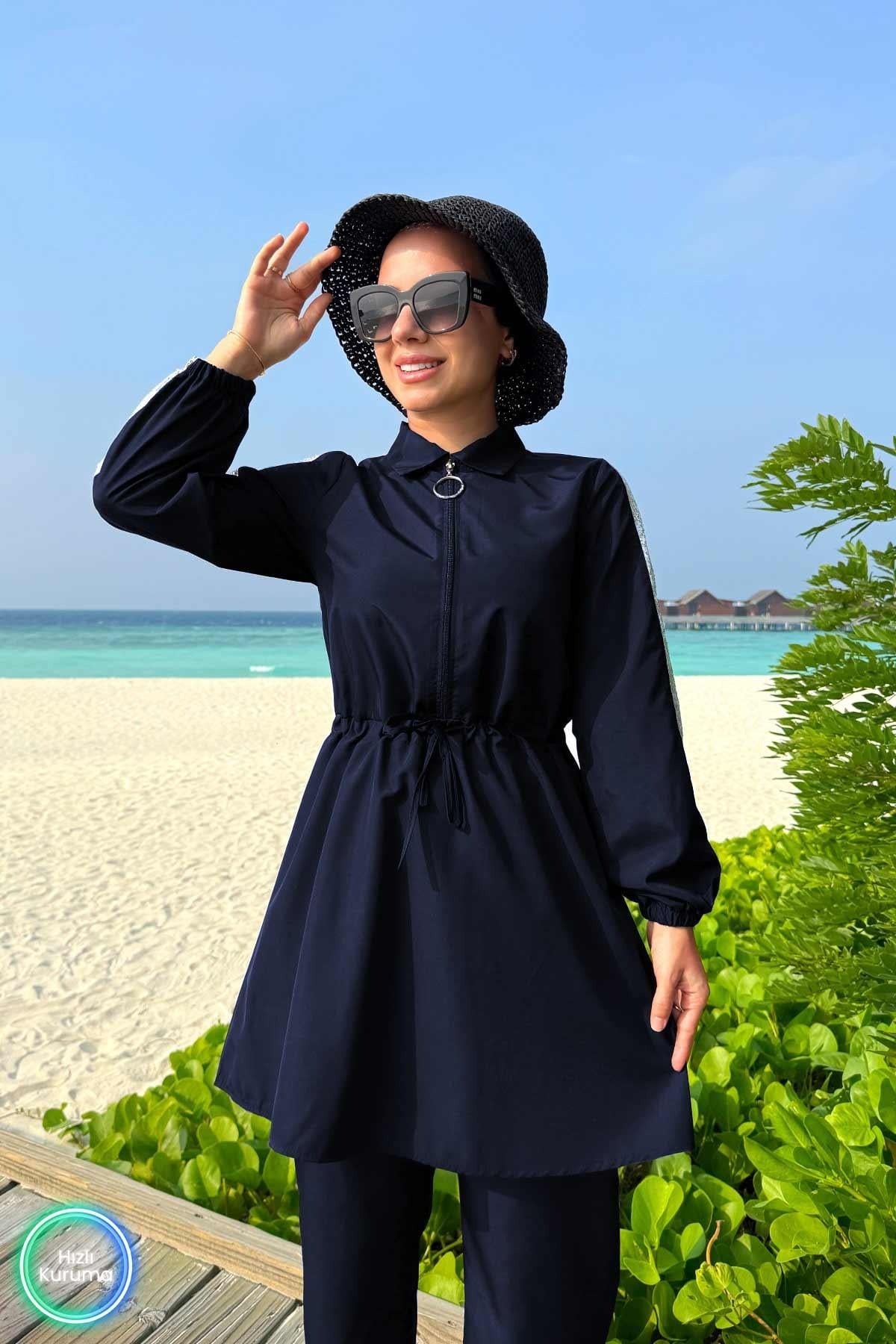 Navy Blue Sequin Detail Full Coverage Burkini - 2 Piece Luxury Modest Swimsuit