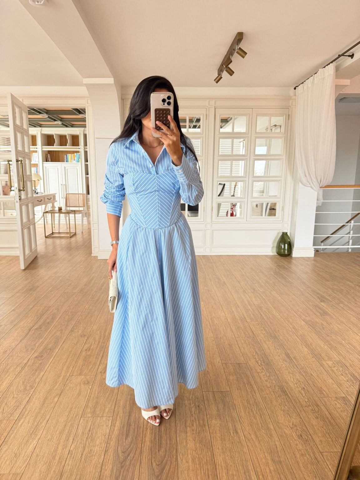 Blue Striped Cotton Maxi Shirt Dress