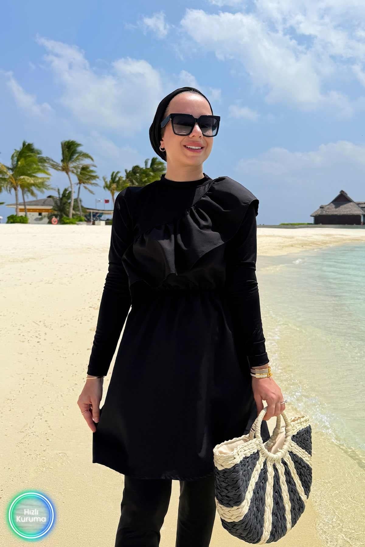 Ruffle Detail Full Coverage Burkini - 2 Piece Modest Swimsuit in Black