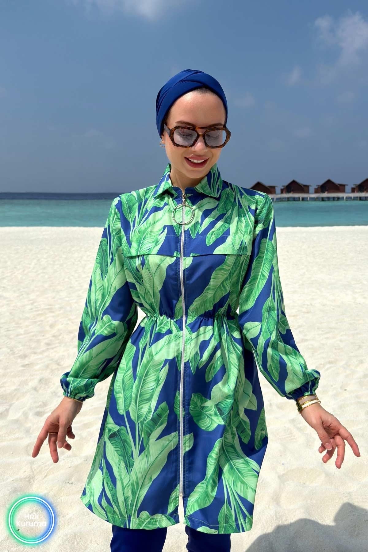 Palm Tropical Full Coverage Burkini - 2 Piece Quick-Dry Modest Swimsuit