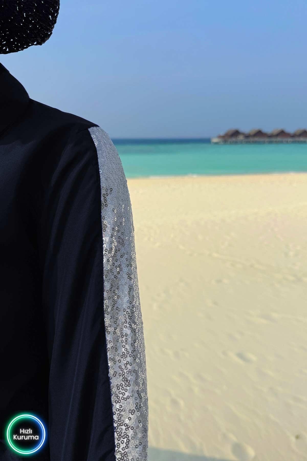 Navy Blue Sequin Detail Full Coverage Burkini - 2 Piece Luxury Modest Swimsuit